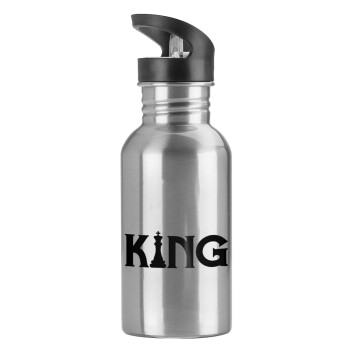 King chess, Water bottle Silver with straw, stainless steel 600ml