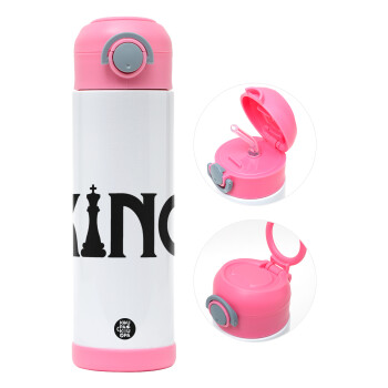 King chess, Children's hot water bottle, stainless steel, with safety straw, PINK (500ml)