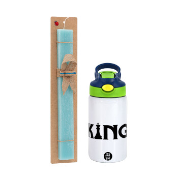 King chess, Easter Set, Children's thermal stainless steel bottle with safety straw, green/blue (350ml) & aromatic flat Easter candle (30cm) (TURQUOISE)