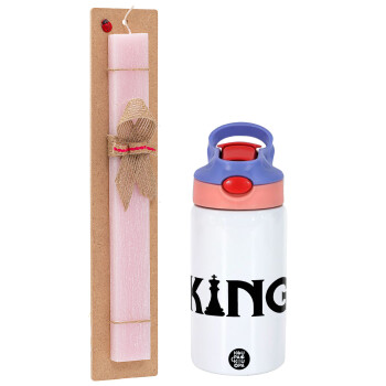 King chess, Easter Set, Children's thermal stainless steel water bottle with safety straw, pink/purple (350ml) & Easter scented flat candle (30cm) (PINK)