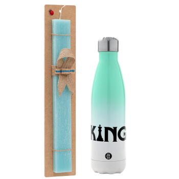 King chess, Easter Set, Metallic green/white thermos (Stainless steel), double-walled, 500ml & scented flat Easter candle (30cm) (TURQUOISE)