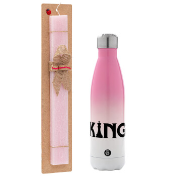 King chess, Easter Set, Metallic pink/white (Stainless steel) thermos, double-walled, 500ml & aromatic flat Easter candle (30cm) (PINK)