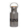 Stainless steel metallic thermos flask, silver with a bamboo lid, double-walled, 350ml.