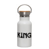 Metallic thermos (Stainless steel) White with wooden lid (bamboo), double-walled, 350ml