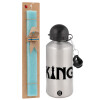 Easter Set, metallic silver aluminum water bottle (500ml) & scented flat Easter candle (30cm) (TURQUOISE)