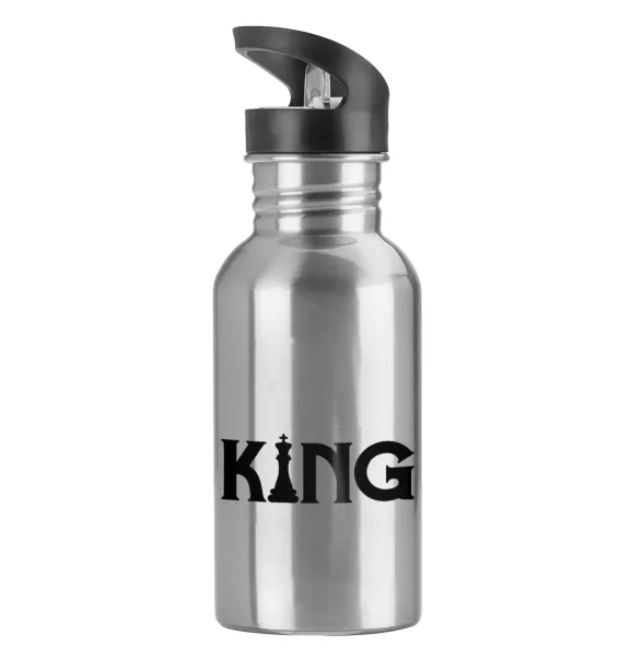 King chess — Water bottle Silver with straw, stainless steel 600ml
