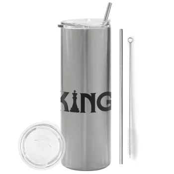King chess, Tumbler stainless steel Silver 600ml, with metal straw & cleaning brush