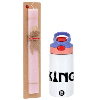 King chess, Easter Set, Children's thermal stainless steel water bottle with safety straw, pink/purple (350ml) & Easter scented flat candle (30cm) (PINK)