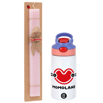 Momoland, Easter Set, Children's thermal stainless steel water bottle with safety straw, pink/purple (350ml) & Easter scented flat candle (30cm) (PINK)