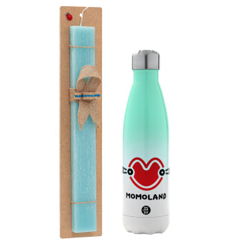 Momoland, Easter Set, Metallic green/white thermos (Stainless steel), double-walled, 500ml & scented flat Easter candle (30cm) (TURQUOISE)