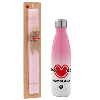 Momoland, Easter Set, Metallic pink/white (Stainless steel) thermos, double-walled, 500ml & aromatic flat Easter candle (30cm) (PINK)