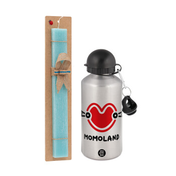 Momoland, Easter Set, metallic silver aluminum water bottle (500ml) & scented flat Easter candle (30cm) (TURQUOISE)