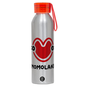 Momoland, Αλουμινένιο Αθλητικό Μπουκάλι 650ml – Ασημί με Κόκκινο Καπάκι και Λουράκι Σιλικόνης