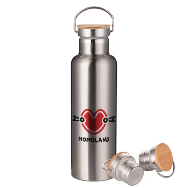 Momoland — Μεταλλικό παγούρι θερμός (Stainless steel) Ασημένιο με ξύλινο καπακι (bamboo), διπλού τοιχώματος, 750ml