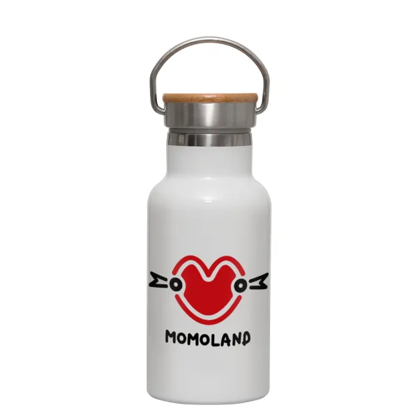 Momoland — Metallic thermos (Stainless steel) White with wooden lid (bamboo), double-walled, 350ml