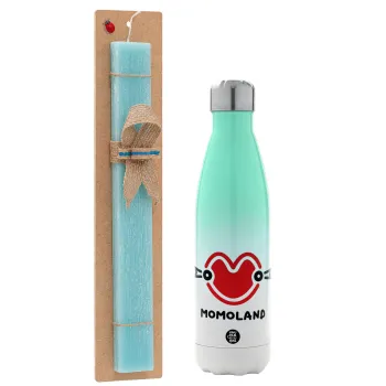 Momoland, Easter Set, Metallic green/white thermos (Stainless steel), double-walled, 500ml & scented flat Easter candle (30cm) (TURQUOISE)