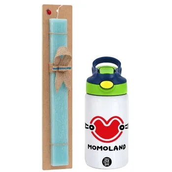 Momoland, Easter Set, Children's thermal stainless steel bottle with safety straw, green/blue (350ml) & aromatic flat Easter candle (30cm) (TURQUOISE)