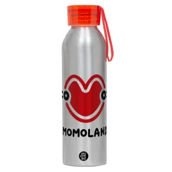 Momoland, Αλουμινένιο Αθλητικό Μπουκάλι 650ml – Ασημί με Κόκκινο Καπάκι και Λουράκι Σιλικόνης