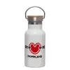 Metallic thermos (Stainless steel) White with wooden lid (bamboo), double-walled, 350ml