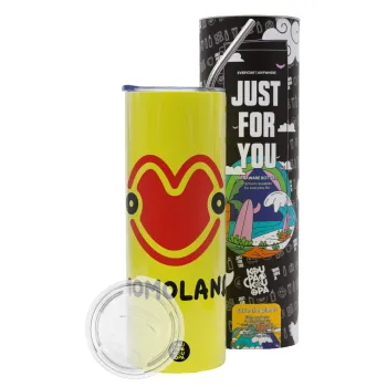 Momoland, Neon Yellow Travel Tumbler θερμό, μεταλλικό καλαμάκι(Ανωξείδωτο 304 Food grade, BPA free, 600ml)