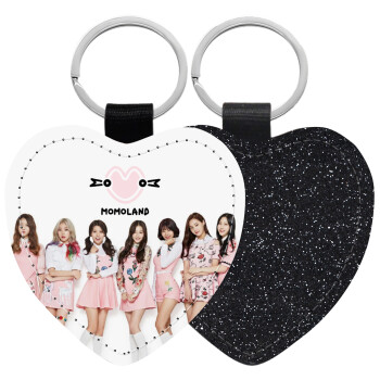 Momoland pink, Μπρελόκ PU δερμάτινο glitter καρδιά ΜΑΥΡΟ