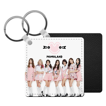 Momoland pink, Μπρελόκ Δερματίνη, τετράγωνο ΜΑΥΡΟ (5x5cm)