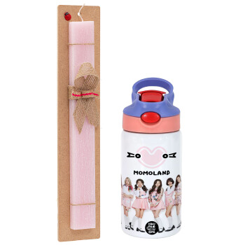 Momoland pink, Easter Set, Children's thermal stainless steel water bottle with safety straw, pink/purple (350ml) & Easter scented flat candle (30cm) (PINK)