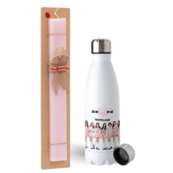 Momoland pink, Easter Set, metallic stainless steel water bottle (750ml) & scented flat Easter candle (30cm) (PINK)