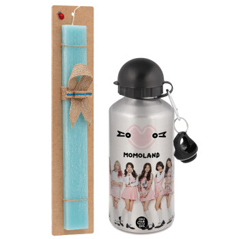 Momoland pink, Easter Set, metallic silver aluminum water bottle (500ml) & scented flat Easter candle (30cm) (TURQUOISE)