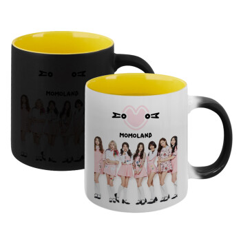 Momoland pink, Κούπα Μαγική εσωτερικό κίτρινη, κεραμική 330ml που αλλάζει χρώμα με το ζεστό ρόφημα