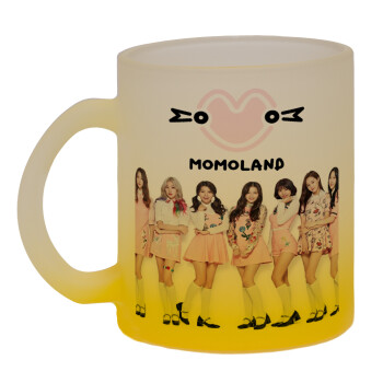 Momoland pink, Κούπα γυάλινη δίχρωμη με βάση το κίτρινο ματ, 330ml