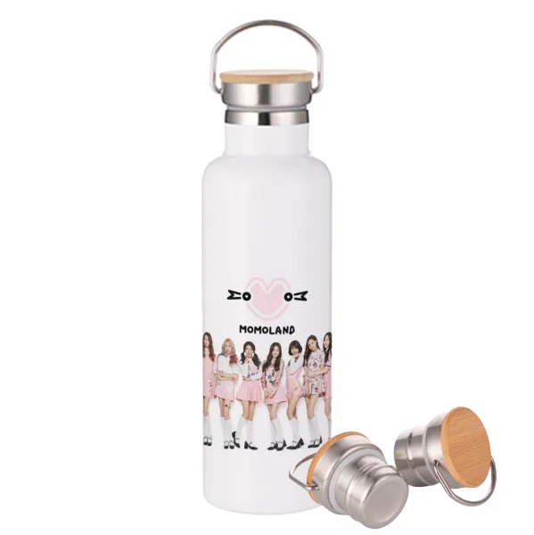 Momoland pink — Μεταλλικό παγούρι θερμός (Stainless steel) Λευκό με ξύλινο καπάκι (bamboo), διπλού τοιχώματος, 750ml