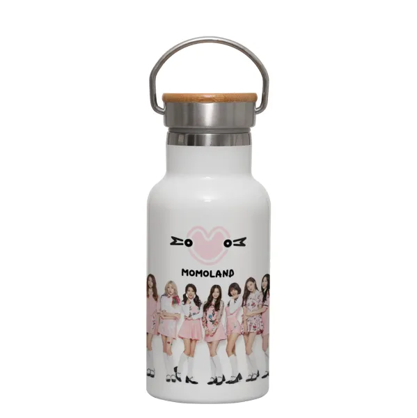Momoland pink — Metallic thermos (Stainless steel) White with wooden lid (bamboo), double-walled, 350ml