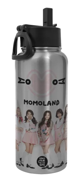 Momoland pink — Metal mug thermo Silver with Straw and Spout Lid (Stainless steel), double wall, 950ml