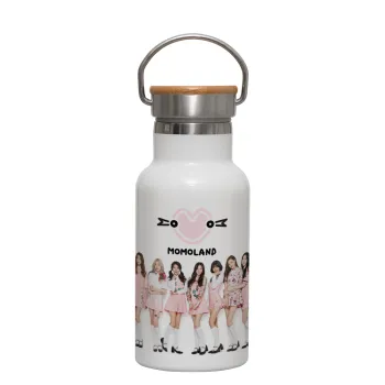 Momoland pink, Metallic thermos (Stainless steel) White with wooden lid (bamboo), double-walled, 350ml