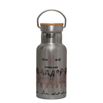 Momoland pink, Stainless steel metallic thermos flask, silver with a bamboo lid, double-walled, 350ml.