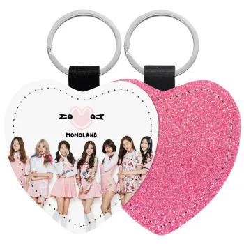 Momoland pink, Μπρελόκ PU δερμάτινο glitter καρδιά ΡΟΖ