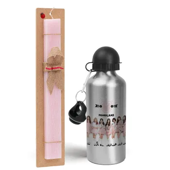 Momoland pink, Easter Set, metallic Silver aluminum water bottle (500ml) & scented flat Easter candle (30cm) (PINK)