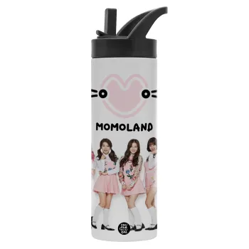 Momoland pink, Μεταλλικό παγούρι θερμός με καλαμάκι & χειρολαβή, ανοξείδωτο ατσάλι (Stainless steel 304), διπλού τοιχώματος, 600ml