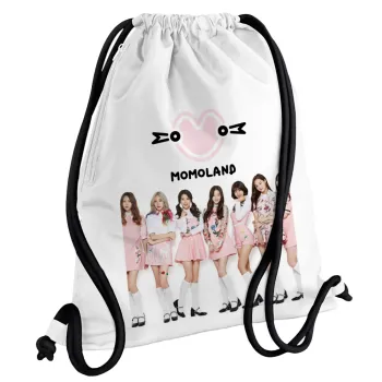 Momoland pink, Backpack pouch GYMBAG white, with pocket (40x48cm) & thick cords