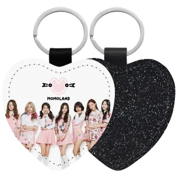 Momoland pink, Μπρελόκ PU δερμάτινο glitter καρδιά ΜΑΥΡΟ