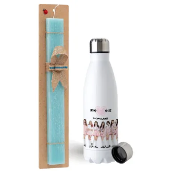 Momoland pink, Easter Set, metallic stainless steel water bottle (750ml) & aromatic flat Easter candle (30cm) (TURQUOISE)