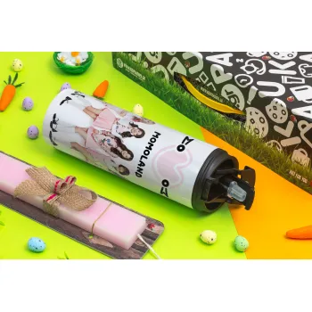 Momoland pink, Easter candle,Travel Tumbler 2 Lids, with metal straw & cleaning brush & aromatic flat candle (30cm) (PINK)