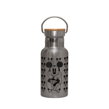 Mickey, Stainless steel metallic thermos flask, silver with a bamboo lid, double-walled, 350ml.