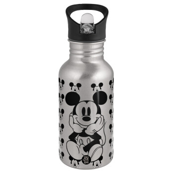 Mickey, Water bottle Silver with straw, stainless steel 500ml
