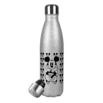 Mickey, Metallic Glitter Silver Thermos Flask (Stainless steel), double-walled, 500ml