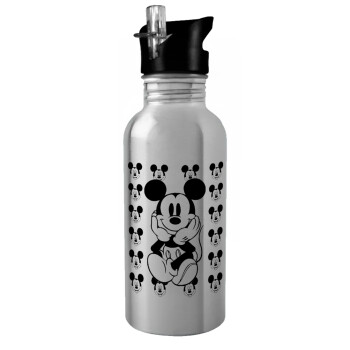 Mickey, Water bottle Silver with straw, stainless steel 600ml