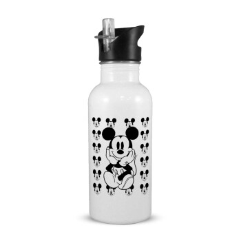 Mickey, White water bottle with straw, stainless steel 600ml