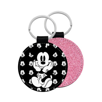 Mickey, Μπρελόκ Δερματίνη, στρογγυλό ΡΟΖ (5cm)