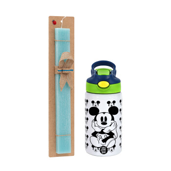 Mickey, Easter Set, Children's thermal stainless steel bottle with safety straw, green/blue (350ml) & aromatic flat Easter candle (30cm) (TURQUOISE)